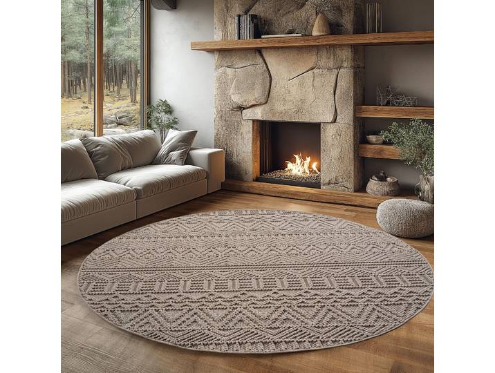Teppich AYYILDIZ TEPPICHE HELIX 2202 , auch als Läufer und Rund erhältlich , beige, H:7mm Ø:120cm, Teppiche, Teppich, 3D-Effekt durch Cut-Loop-Webtechnik, Woll-Optik, Bouclé, Wohnzimmer