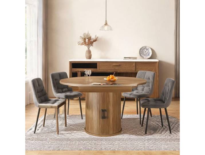 Table ronde en MDF extensible 118-158 cm finition noyer design vintage capacité 6 - Walnut MDF 118 x 118 x 76.8 cm Ref O54VVV