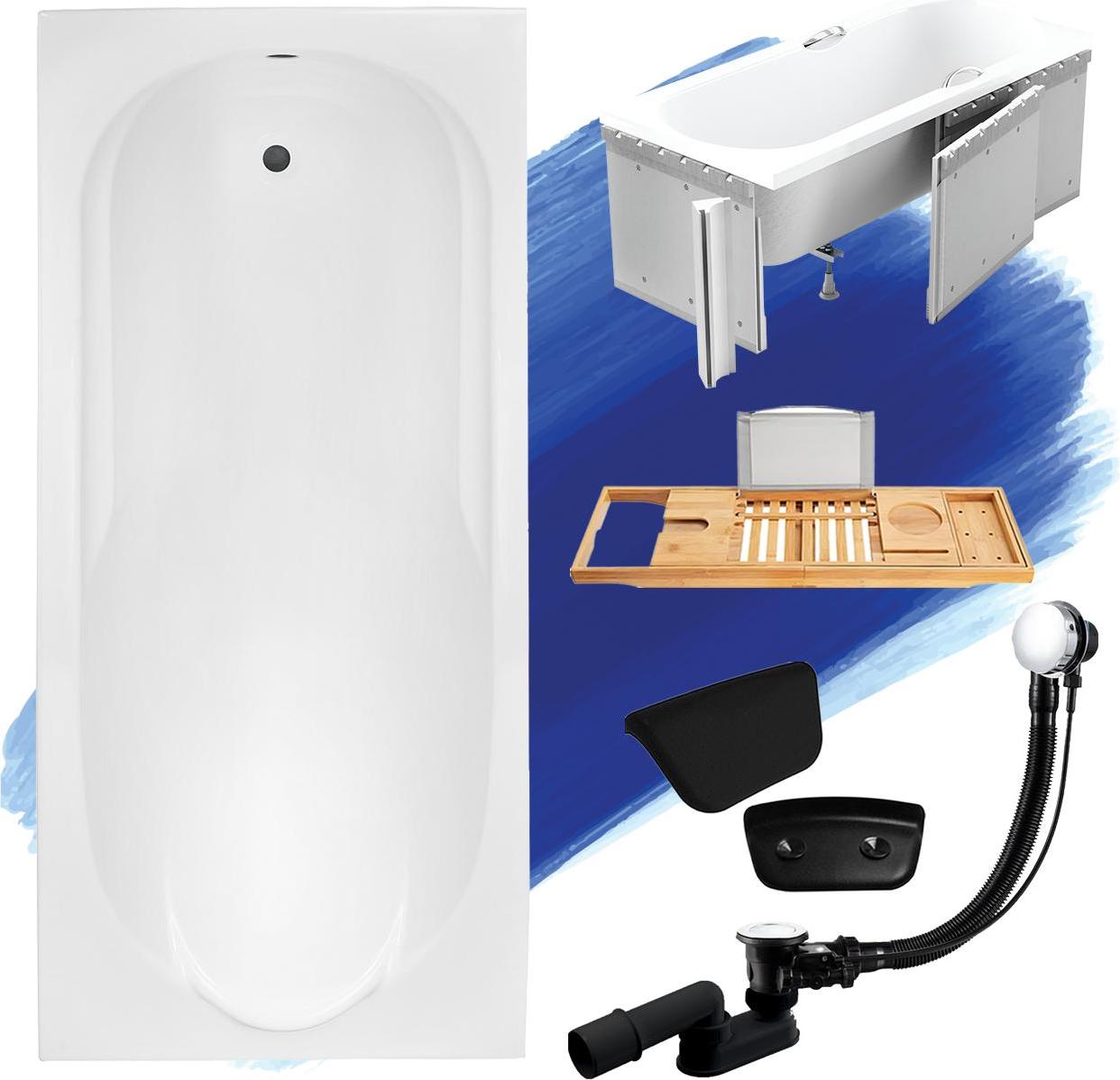 Badewanne Rechteck 160x70 mit Ablaufgarnitur und Füßen GRATIS + Verkleidung (Styropor) + Bambus Holzablage + Kopfstütze in Schwarz | BADLAND BONA