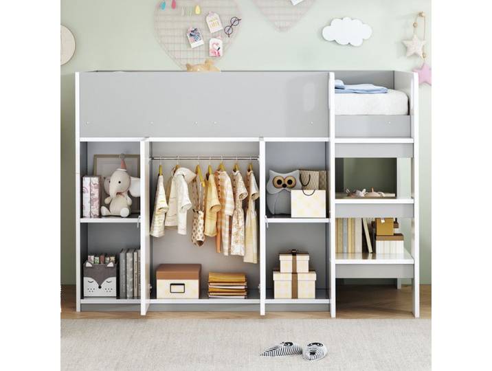 Lit Mezzanine Multifonctionnel Pour Enfant 90x200cm avec Armoire Lit Simple Superposé Structure de Lit avec éChelle Gris