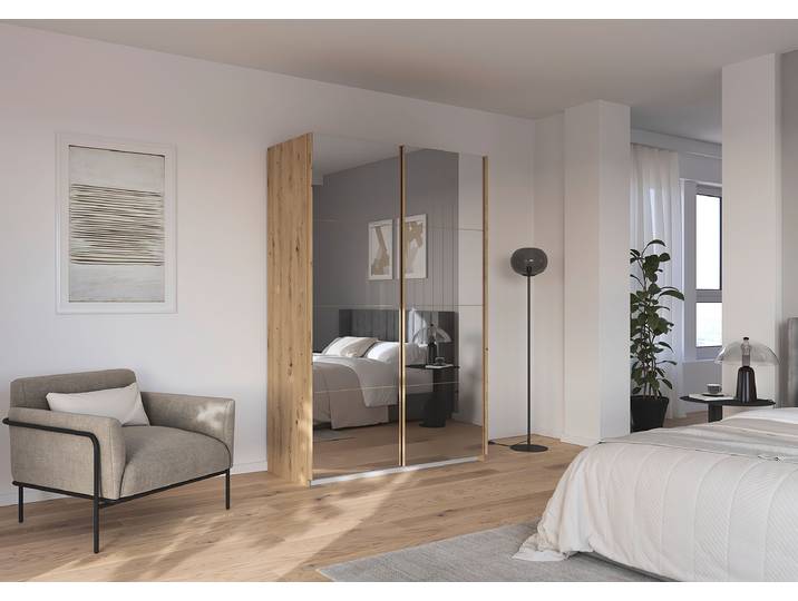 Schwebetürenschrank Quadra mit Dämpfung 136cm Braun/Eiche Artisan Dekor mit Spiegeltür/-en