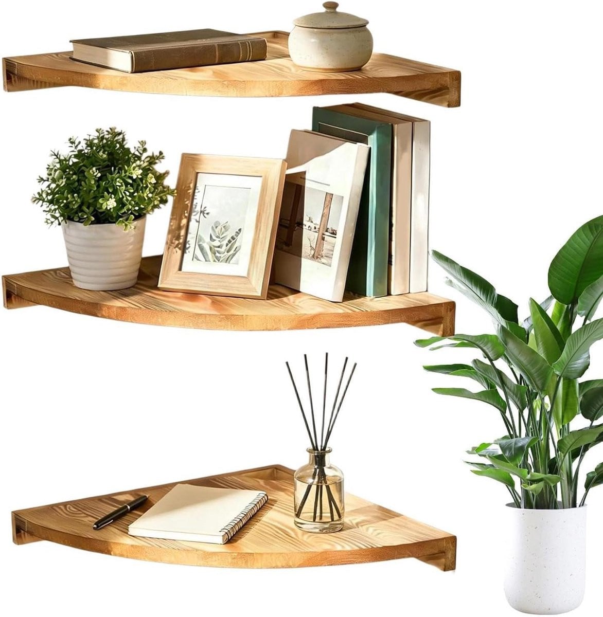 Set van 3 rustieke zwevende hoekplanken voor wandmontage