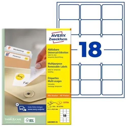 AVERY Zweckform 540 Etiketten L6025REV-25 weiß 63,5 x 46,6 mm
