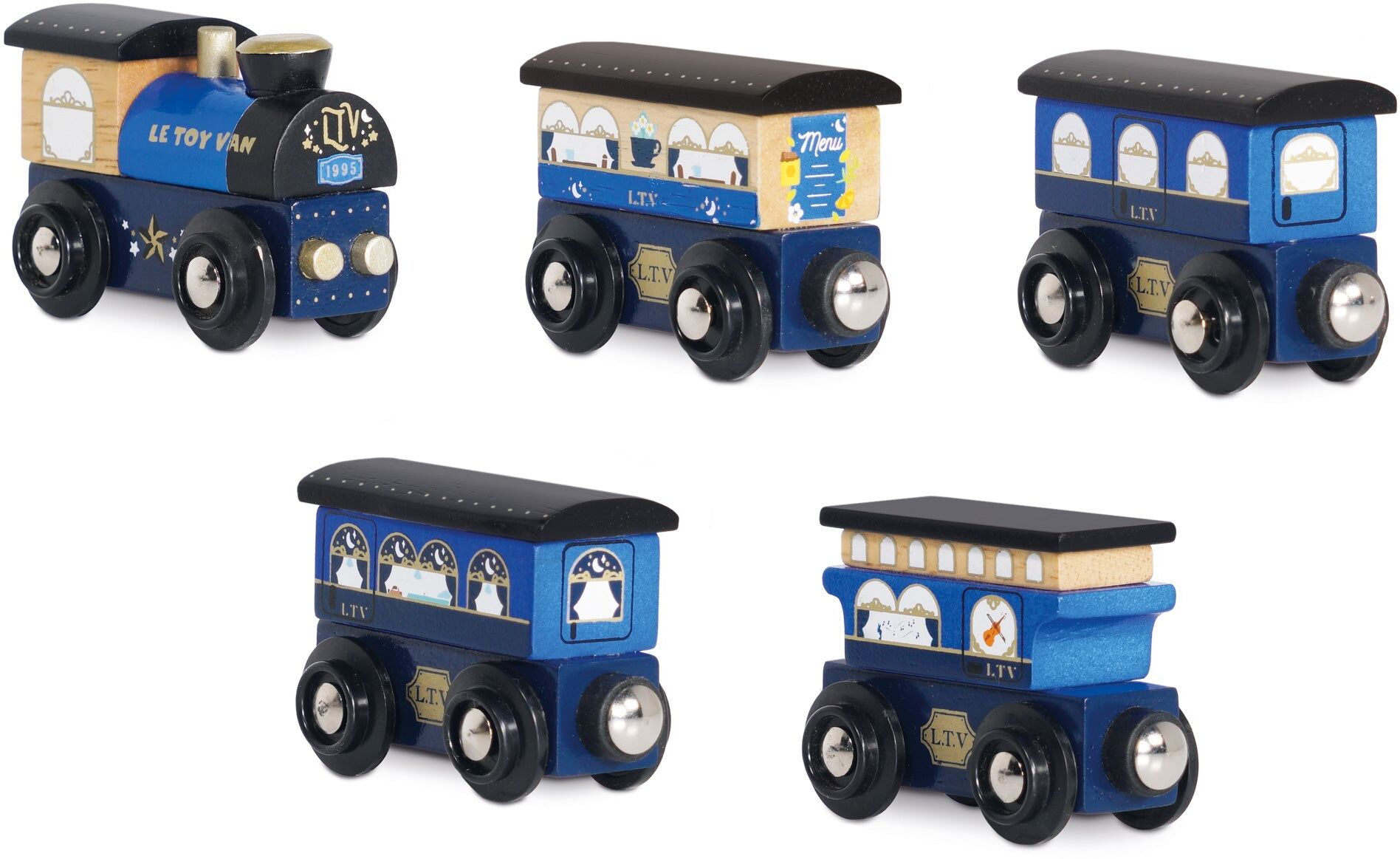 Le Toy Van Twilight Train 5-Piece Wooden Train Set for Kids, Made from Sustainable Rubberwood, Imaginative Railway Adventures, 3 Years and Over