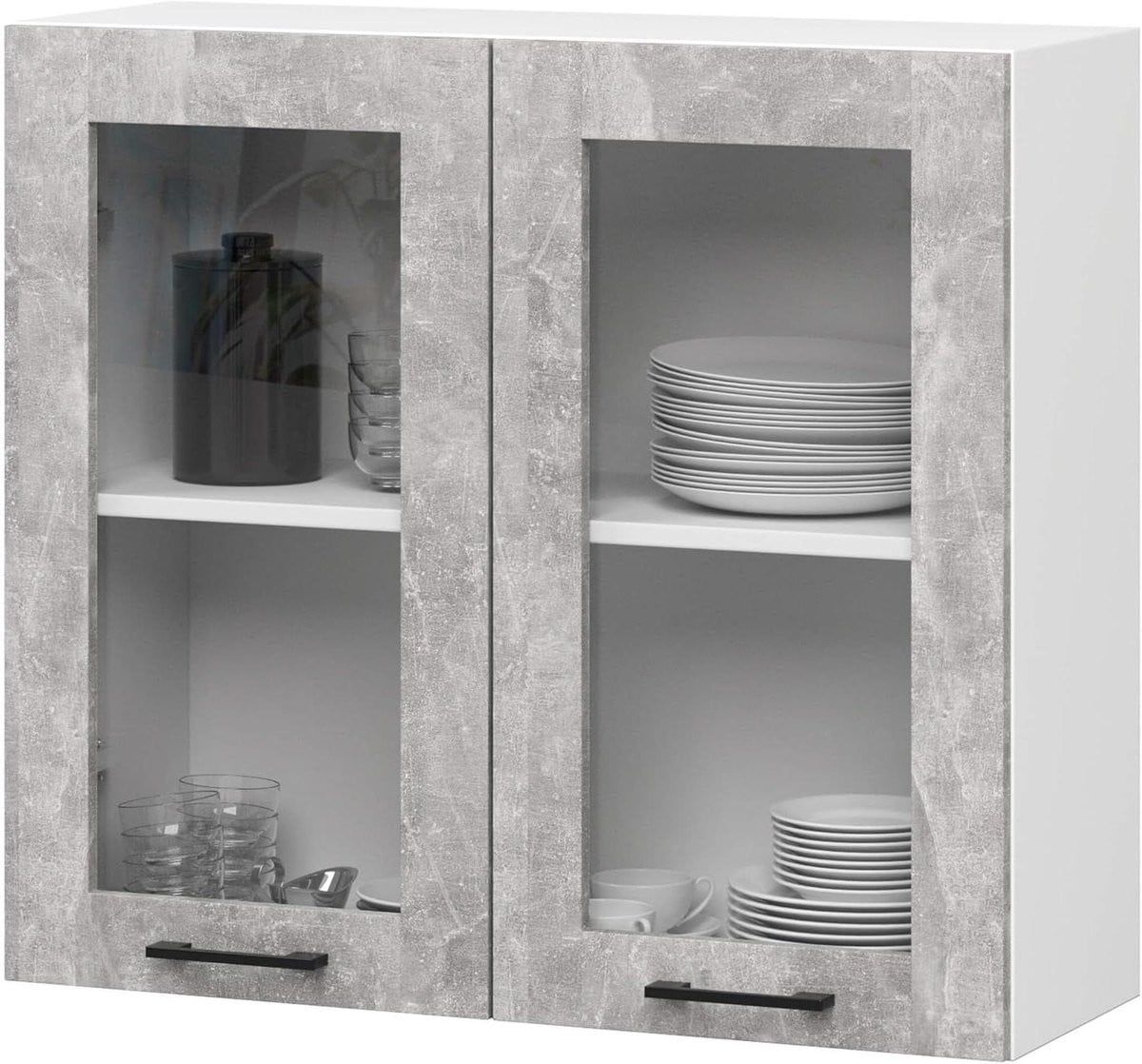Glazen Hangkast voor de Keuken met Twee Deuren - Wit Beton - Breedte: 80 cm