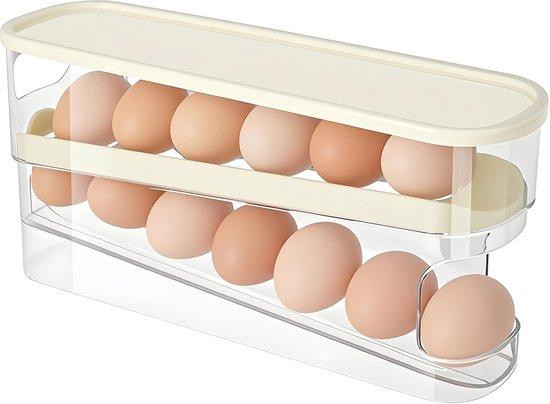 Ruimtebesparende 2-laagse rollende eierdispenser voor in de koelkast, transparant plastic