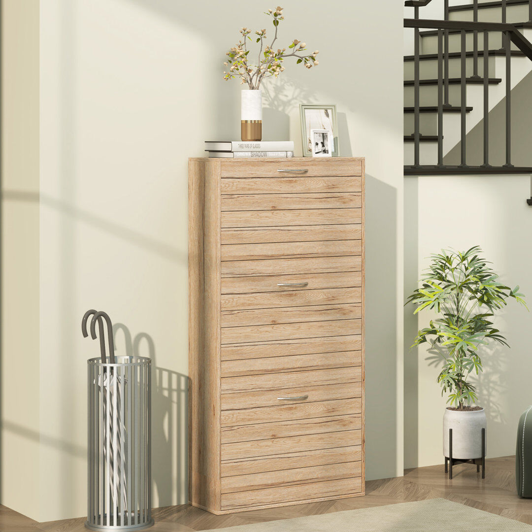 17 Stories HOMCOM Slim Shoe Storage Cabinet with 3 Flip Drawers, Oak Wood Grain Oak Wood 12