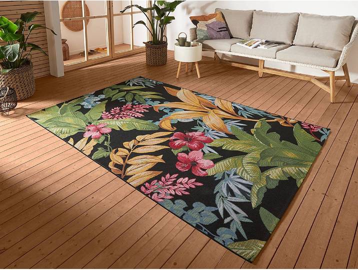 In-/Outdoor Teppich Tropical Flowers Schwarz Vorderseite: Polyester, Polypropylen BCF Rückseite: Latex 80 x 165cm