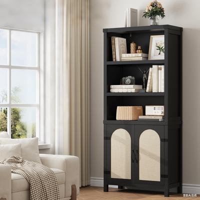"Garvee 70"" Rustic Wooden Bookcase with Doors, 3-Shelf Floor Standing Storage Cabinet"