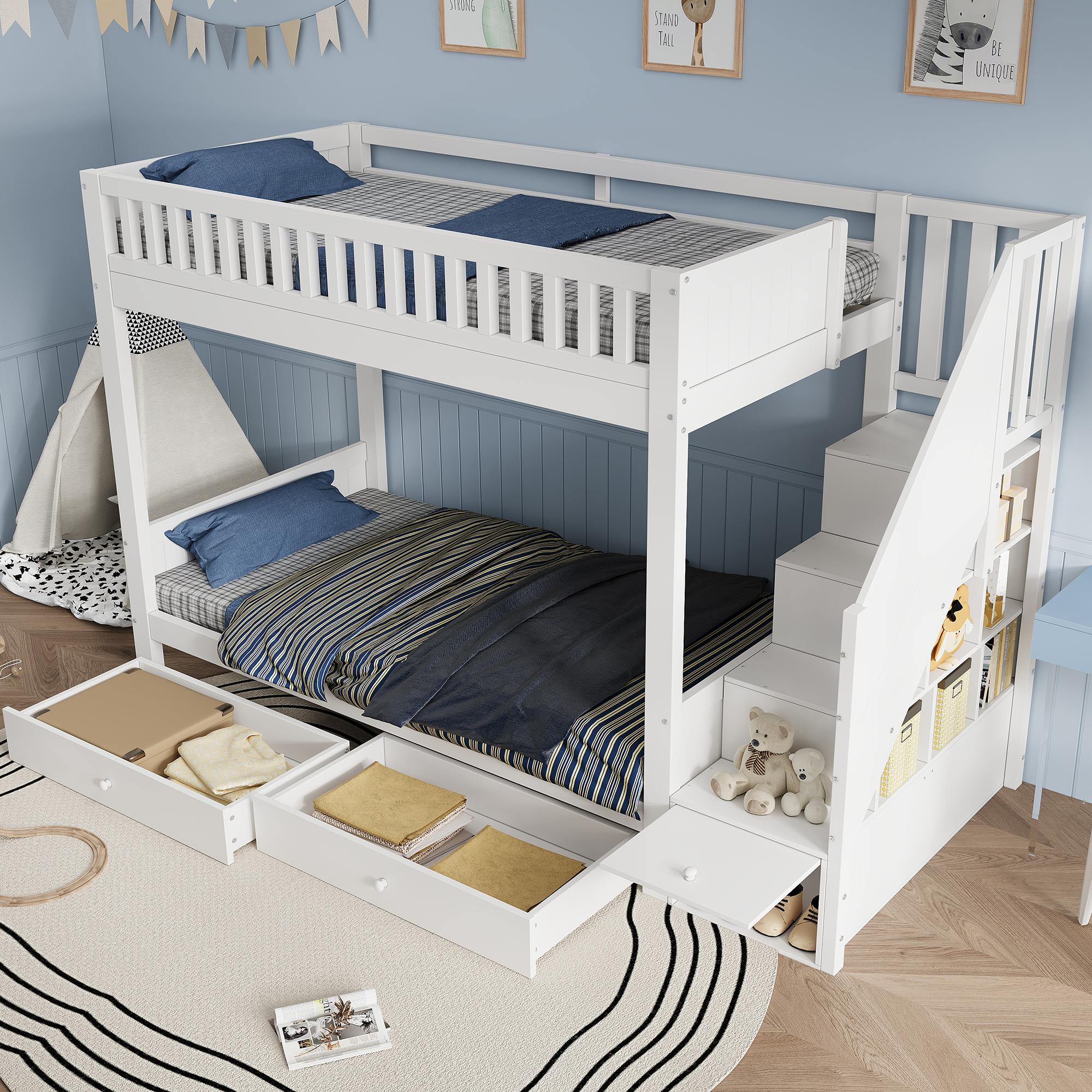 MODFU Kinder-Etagenbett 90 x 200 Stockbett mit Stauraumtreppe, Hochbett mit 2 Bettkästen und Rausfallschutz, Jugendbett ohne Matratze,Weiß