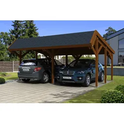Skan Holz Harz Pultdach Doppelcarport nussbaum mit schwarzen Schindeln Holzcarport