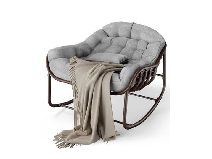 GarveeHome Papasan Schaukelstuhl mit Kissen für Garten und Wohnzimmer Stahlrahmen, Gepolstert, Veranda, Terrasse, Garten, Indoor