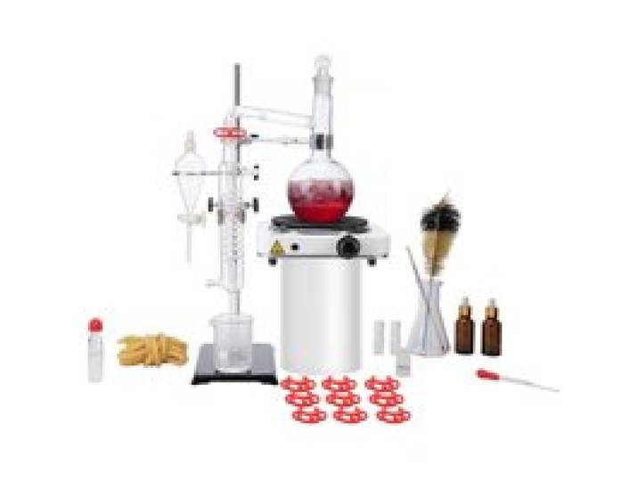 VEVOR Destillationsset für Ätherische Öle, 500 ml Destillationsapparat, 3,3 Boro-Laborglas-Destillationsset mit 1000 W Heizplatte und 24, 40 Gelenken, 33-teiliges Set