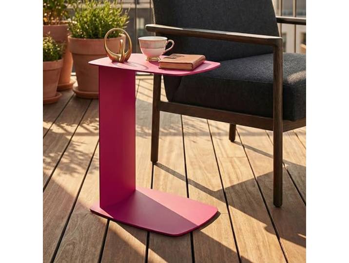 Siqual Design Beistelltisch Metall C-Form, pulverbeschichtet & wetterfest – Sofa Couch Tisch für Wohnzimmer, Balkon & Terrasse – Standby (Pinkmagenta)