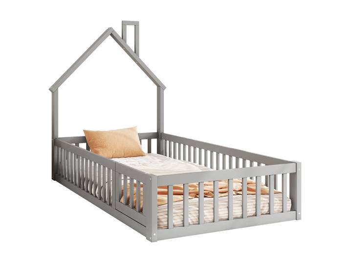 Gisaae Hausbett 90x200 Kinderbett mit Schornstein Kiefernholz Rausfallschutz, Grau, Schlafzimmer, Betten