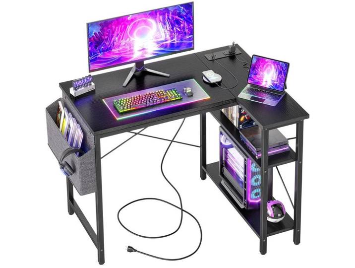 BEXEVUE Bureau d'Angle avec Multiprise et Étagères 100 x 70 cm Bureau Gaming Noir
