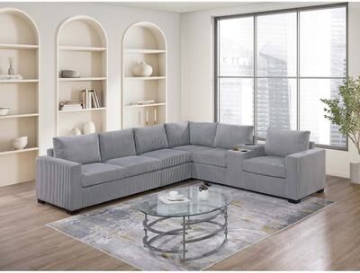 Esofastore Corduroy Upholstered 4pc Sectional Set Built In USB Port Light Gray Finish