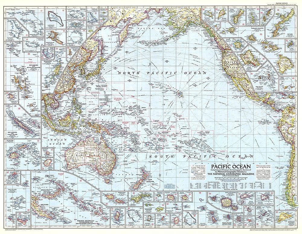 National Geographic Historic POD 1952 Carte de l'océan Pacifique