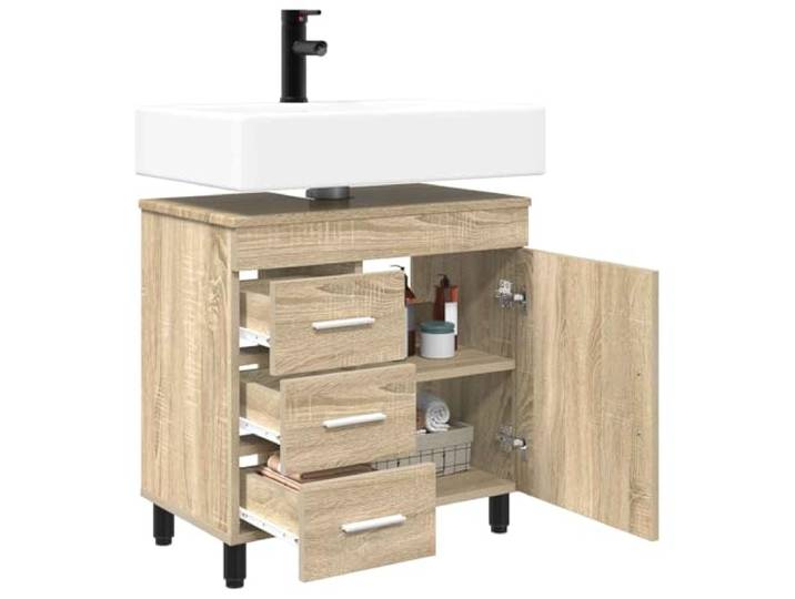 KTHLBRH Badmöbel Eiche Sonoma 60x35x60cm Holztechnik, 3 Schubladen, 1 Einlegeboden, verstellbare Füße, wendbare Tür
