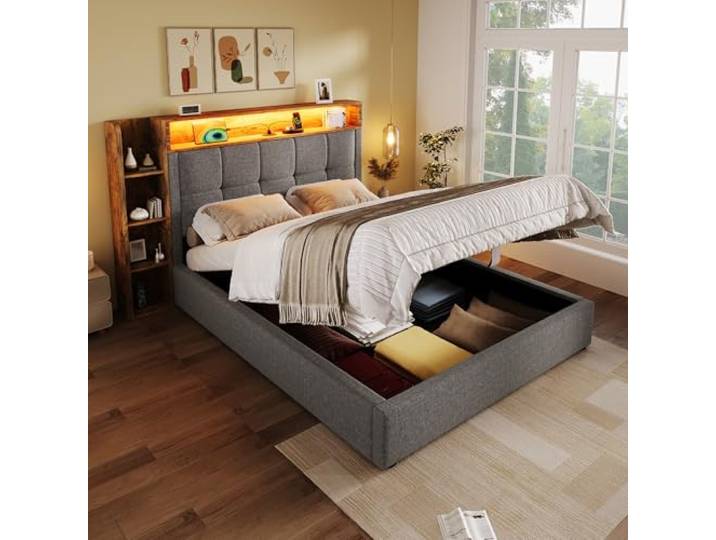 SOFTWEARY Polsterbett mit LED-Beleuchtung, Lattenrost und Stauraum, Kopfteil gepolstert, Typ-C, USB, Einzelbett (grau, 90x200 cm)