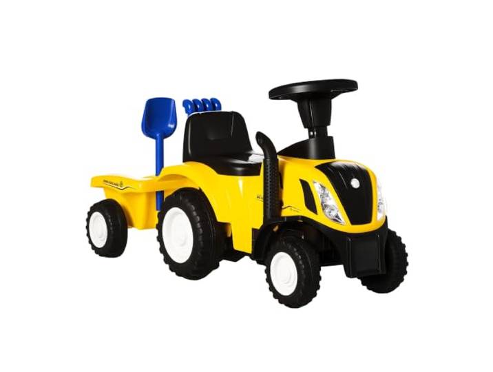 HOMCOM Sitzbagger NEW Holland mit Lenkrad für Kinder 1-3 Jahre Gelb Lichtern, Schaufel, Kinderbagger, Stauraum unter Sitz, Rutschauto, Baggerfahrzeug zum Sitzen, bis 25kg, Draufsitzen