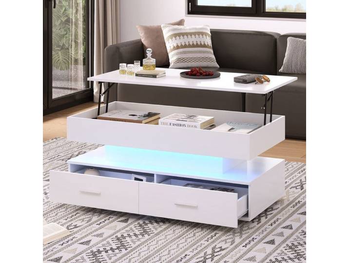 Table Basse Relevable 100x50cm - Blanc - 2 Tiroirs - Système Hydraulique