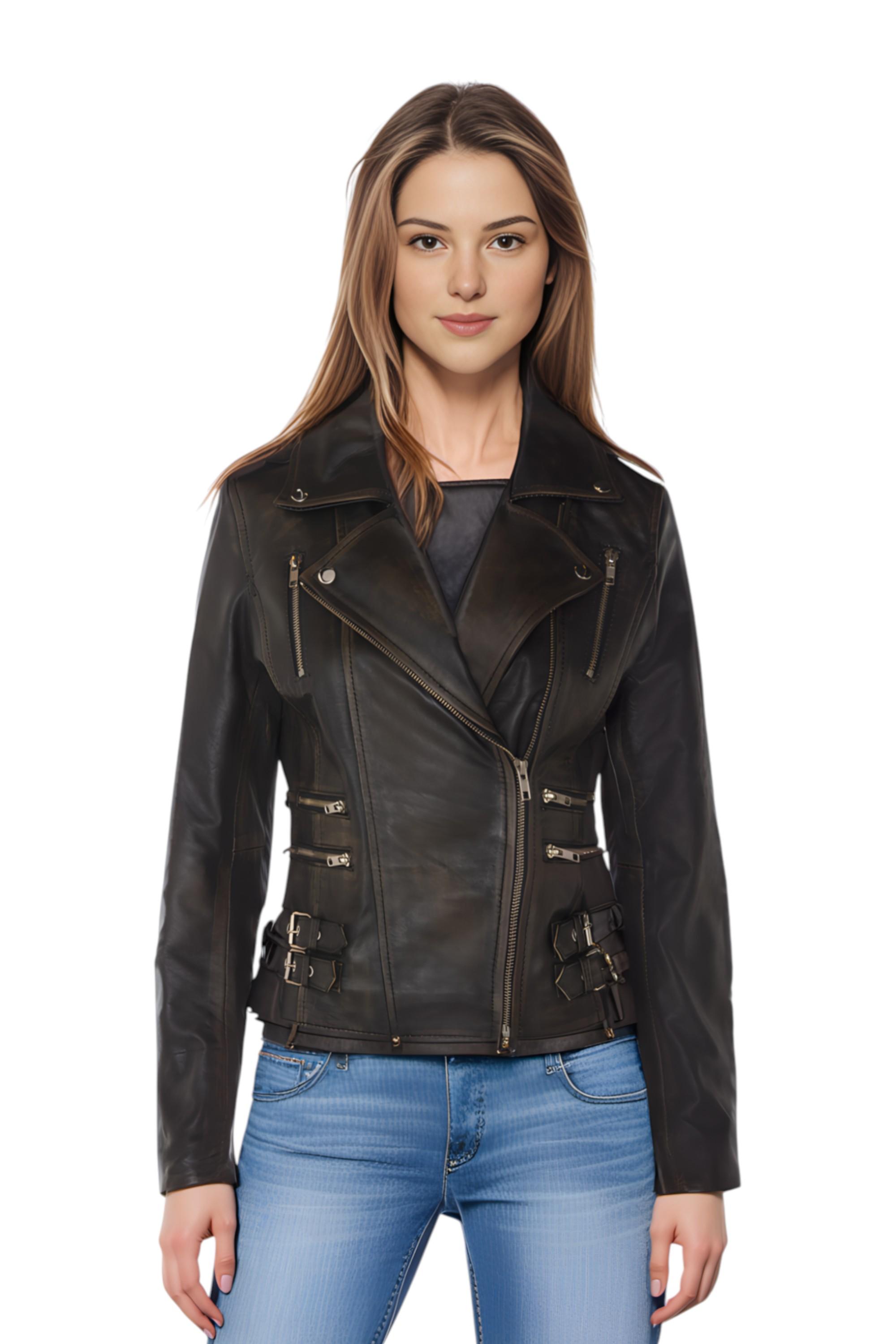 Dames leren vintage zwarte Brando bikerjack - Constantia