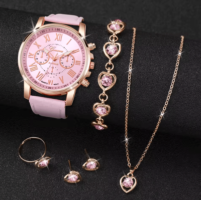 Uplift Curations Fashion Womens Quartz Watch Set With Leather Bands And Heart Rhinestone Accent (5 6 PCS) hh10039