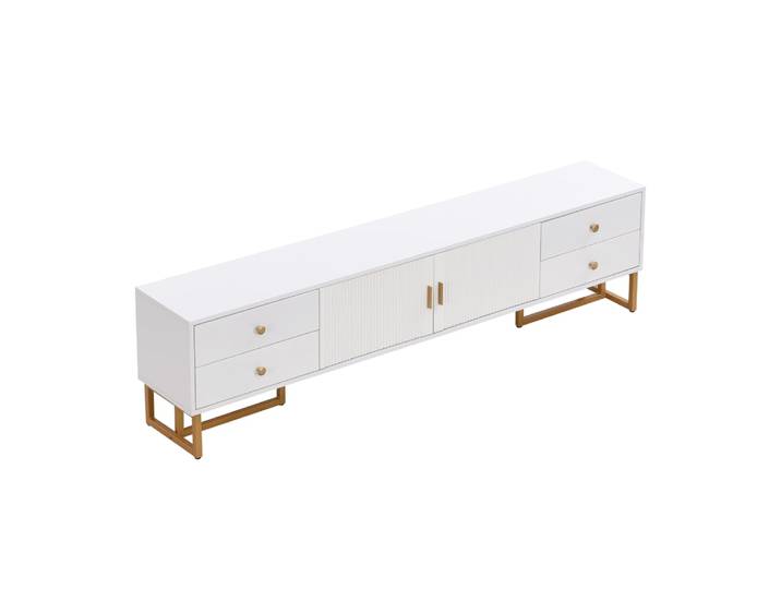 Meuble TV blanc avec 4 tiroirs, 2 portes texturés et accents dorés