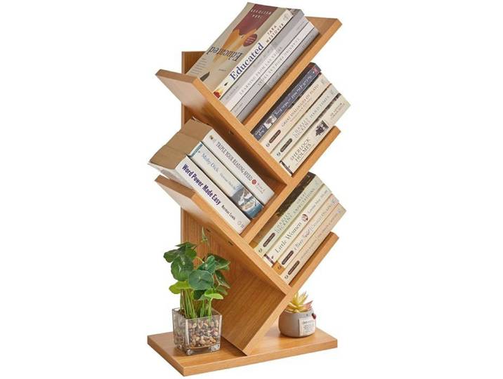 Bibliothèque arbre 4 niveaux - étagère à livres 60 cm en bois naturel - fixation murale pour salon chambre ou bureau