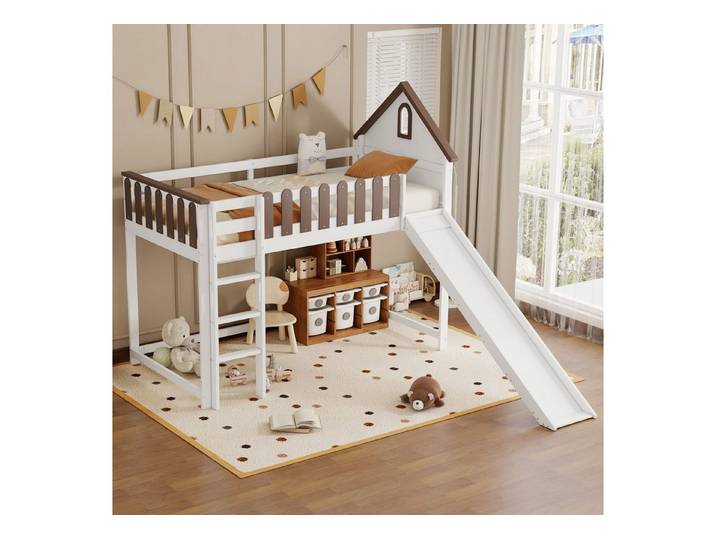 Odikalo Kinderbett Hochbett Jugendbett Dach Fenster Leiter Rutsche 90x200cm Weiß+Braun