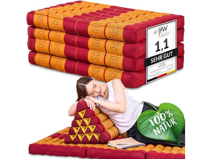 Namasdee Klappmatratze 200x80x8cm mit 100% natürlicher Kapokfüllung (Rot/Gelb)