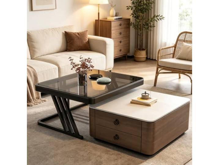 Mid-Century Couchtisch-Set handgefertigt, zwei versteckte Stauraumschübe Couchtisch stapelbar platzsparend, einteiliges Gießverfahren, stabile wackelfreie Konstruktion(White)