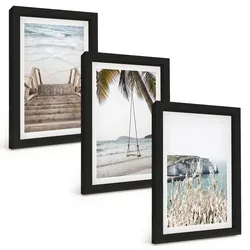 BILDER SET 3er Set - 20x30 cm Schwarzer Rahmen - Strandtreppe aus Holz, Schaukel