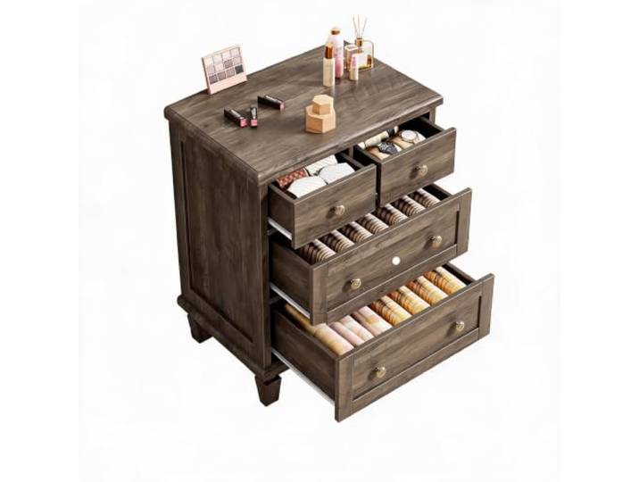 Litake Mid-Century Kommode 4 Schubladen, Massivholz, Blumengriffe Hellgrau Vintage-Kommode mit 4 Schubladen, Schräge Beine, für Schlaf Wohnzimmer, Sideboard mit Schutzvorrichtung Hellgrau 60x76x48 cm