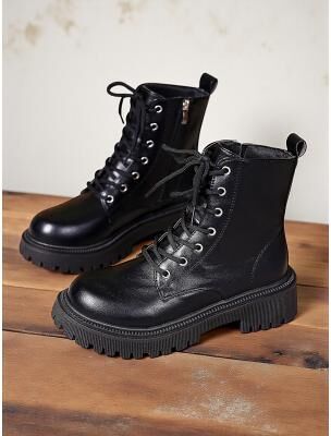 LightInthebox Women's Black Leather Lace - Up Combat Boots, Edgy Style for Urban Fashion, Ideal for City Streetwear Daily Outfits