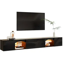 Merax LED TV-Lowboard 200 x 30 x 28 cm, Fernsehschrank mit Hochglanzfront, 4 Türen, Glasregal, modernes Lowboard, Schwarz