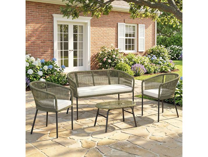 Outsunny Salon Jardin 4 Places Canapé Fauteuils Table Verre Crème