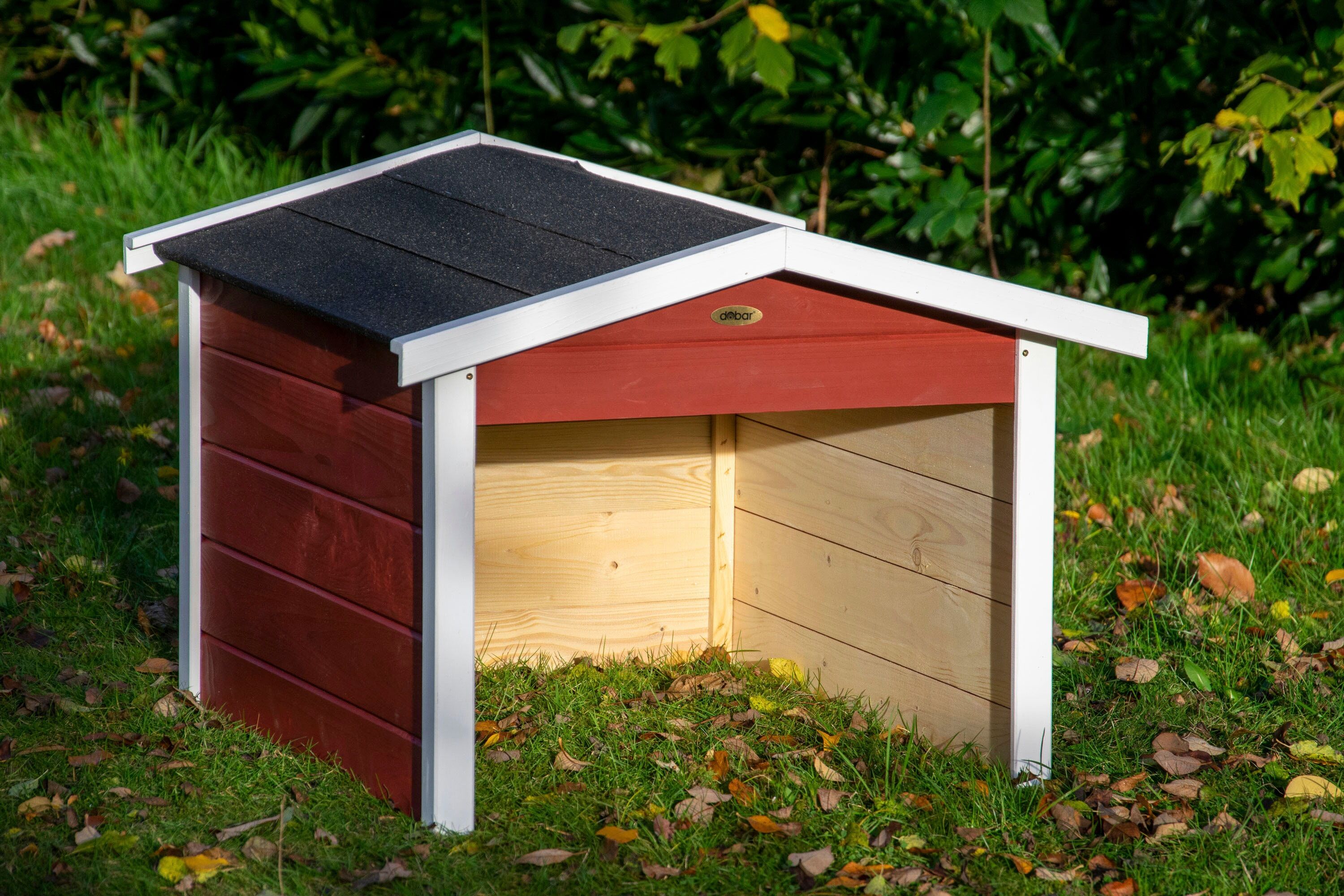 Mähroboter-Garage DOBAR, rot, B:68cm H:52cm T:76cm, Massivholz, Mähroboterstationen, Mähroboter-Garage, aus Holz in rot, mit Bitumen-Dach