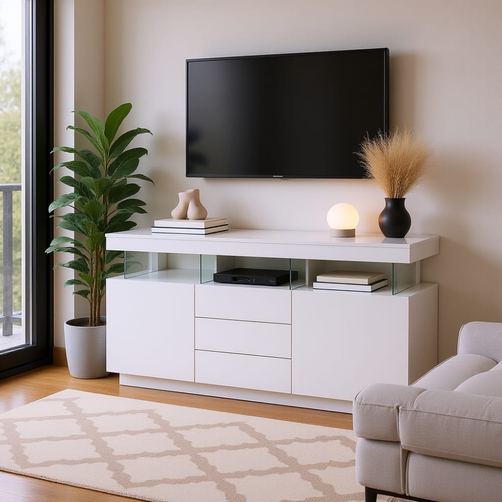 Urban Meuble Meuble TV LED blanc design avec rangements et tiroirs Blanc 140x80x35cm