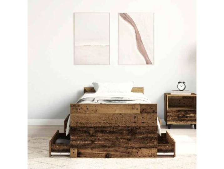 KTHLBRH Bettgestell aus Holz, Antik, 90 x 200 cm, mit Kopfteil 4 Schubladen, Lattenrost aus Sperrholz, Einzelbett mit Fußteil