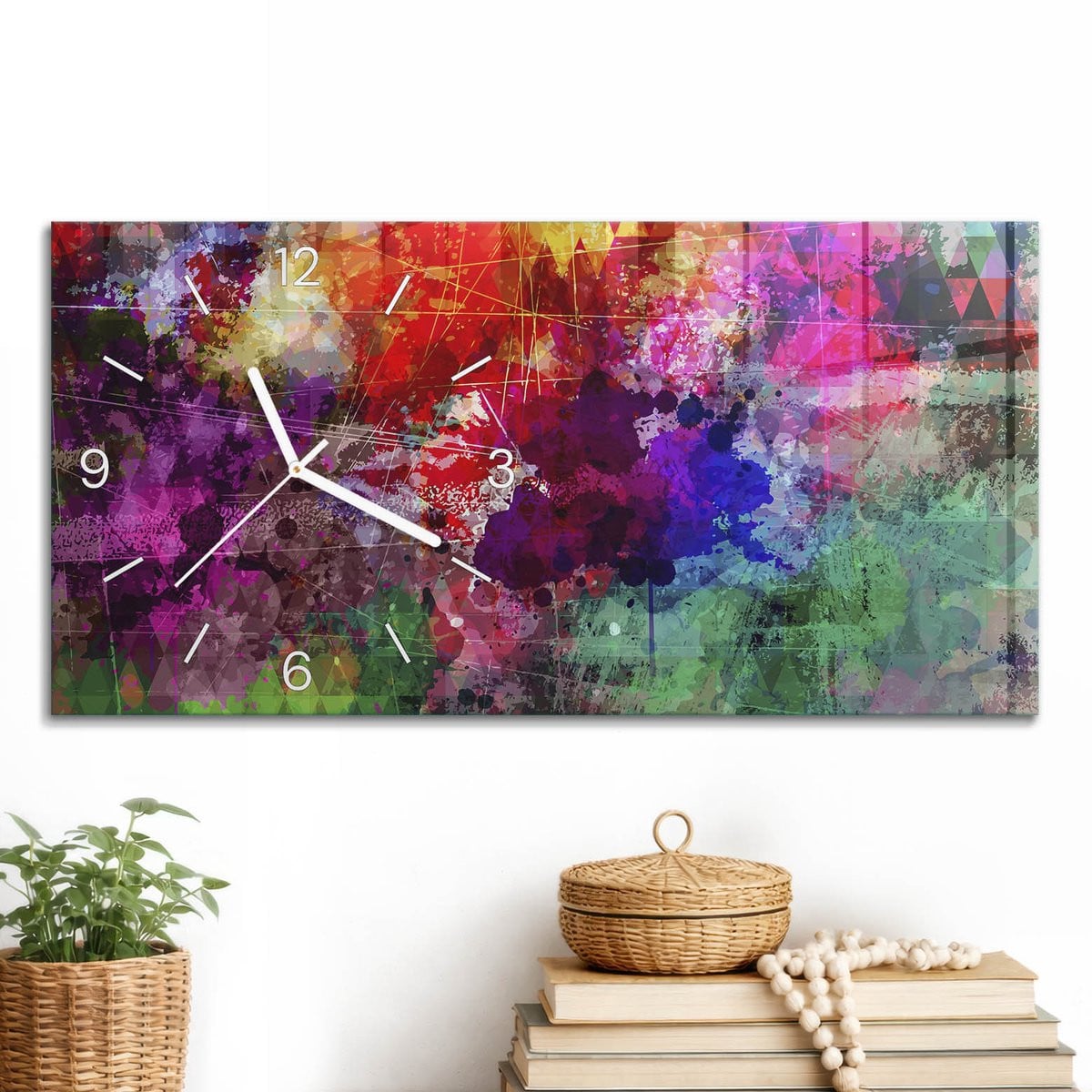 ArtPrintCave Rood Glazen Wandklok - Kleurrijke Chaos - Rechthoekig - 60 x 30 cm