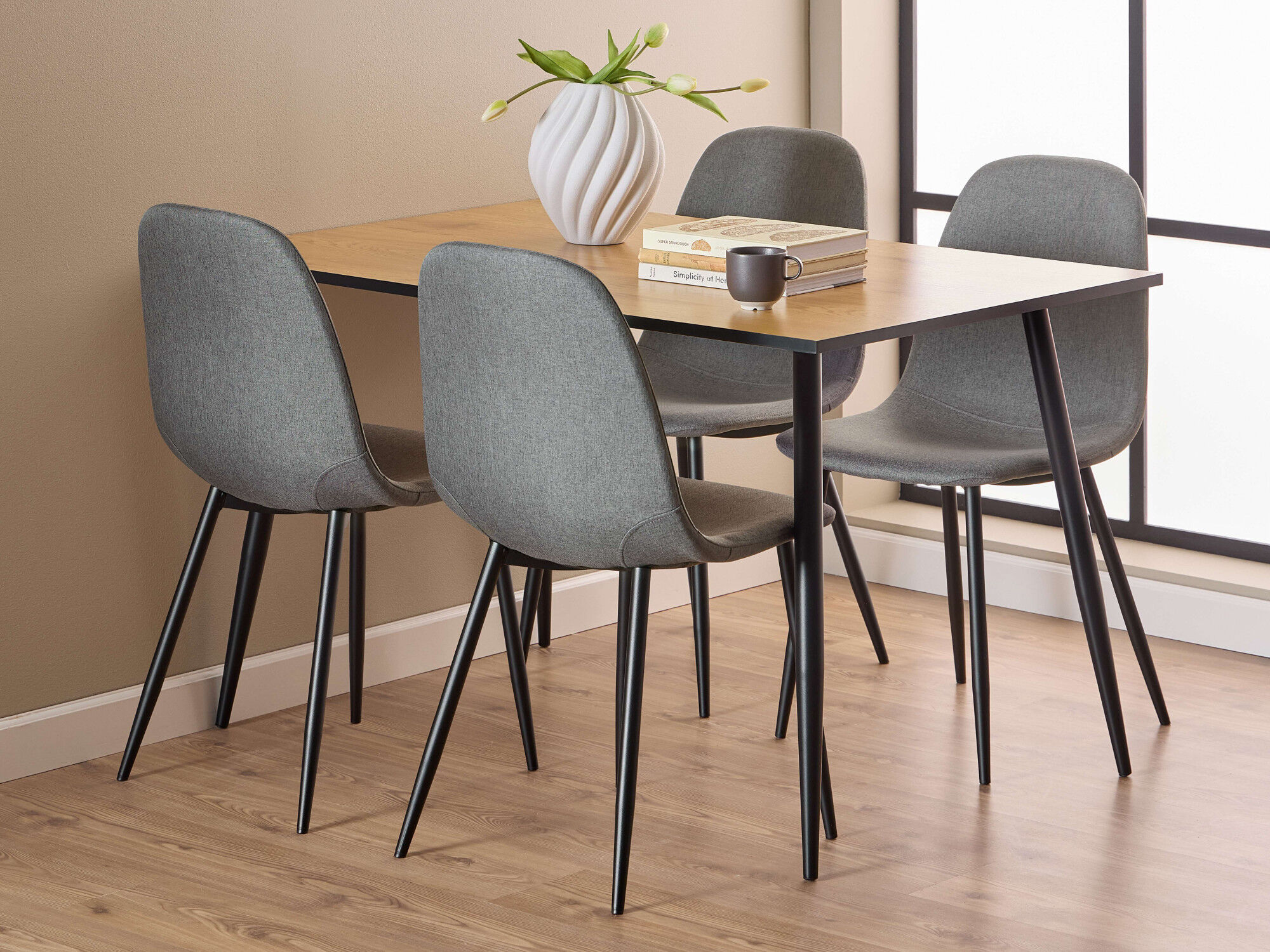 Esszimmer-Set ACTONA GROUP "Essgruppe, Esstisch mit Stühlen, für das Esszimmer", beige (natur), B:120cm H:75cm T:80cm, MDF, Kastenmöbel-Sets, Esszimmer-Set, Rechteckiger tisch aus Wildeiche Melamin & dunkelgraue Stühle natur B/H/T: 120cmcm x 75cmcm x 80cm