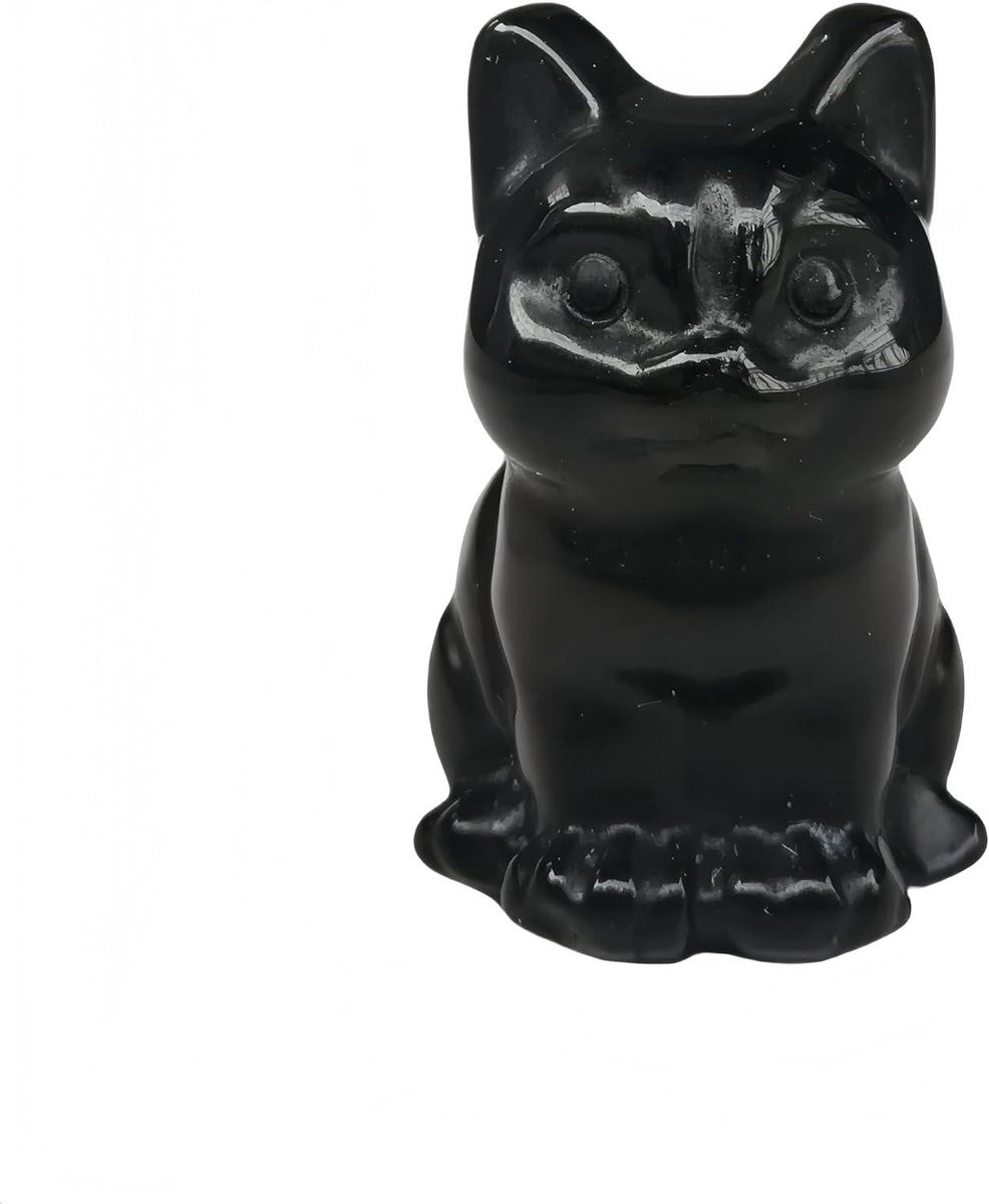 Handgesneden Obsidiaan Kat Beeldje - Zwart - Hoogte: 3,8 cm