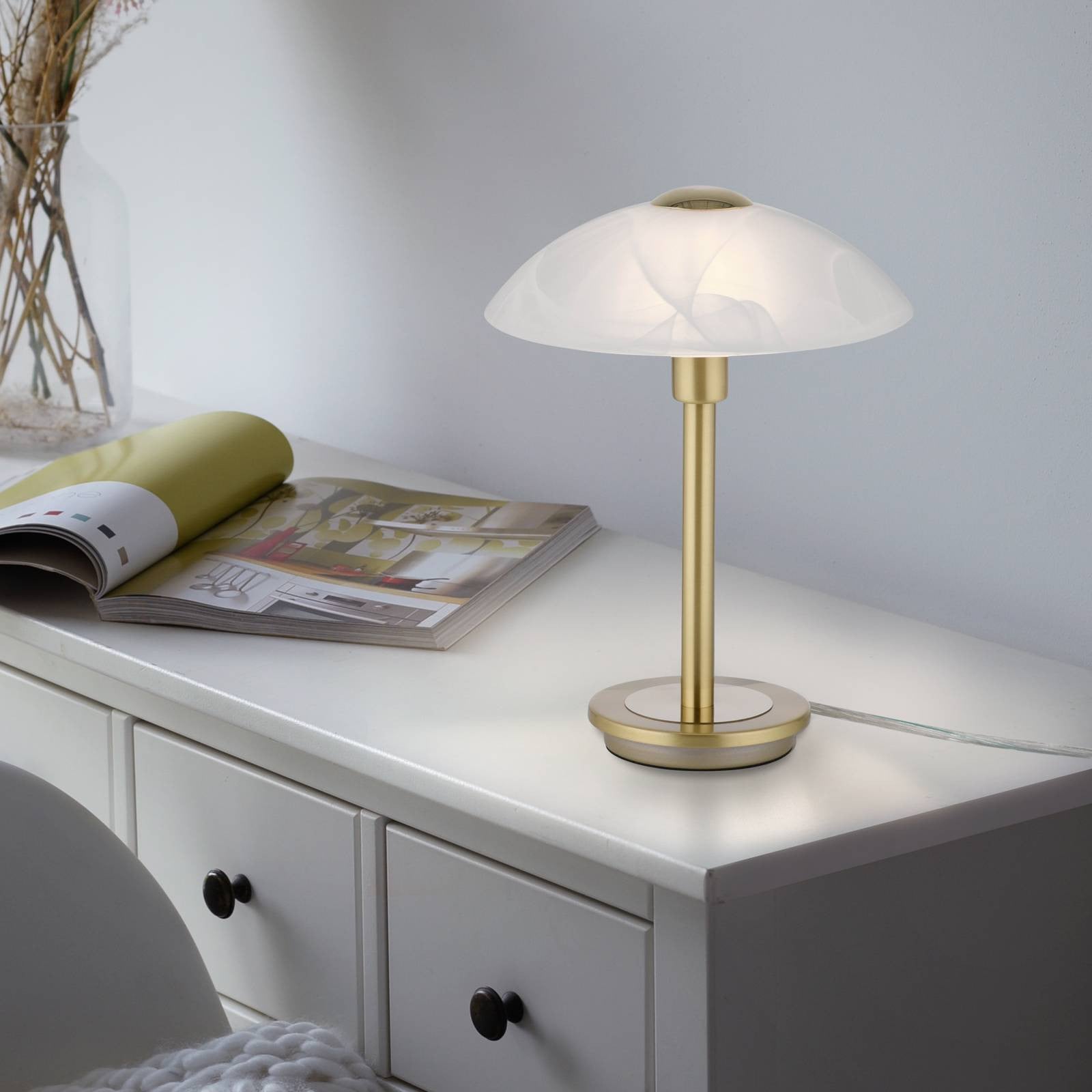 Paul Neuhaus Tafellamp Touch, Dimbaar, Goud/Messing en Wit, Metaal en Glas