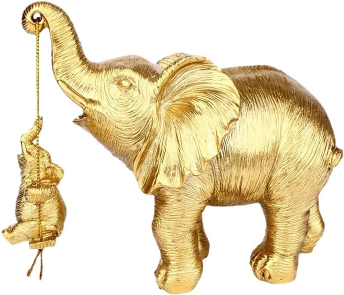Goud Olifant Beeldje - Handgemaakt Ornament voor Woonkamer Decoratie - 16 x 13 cm