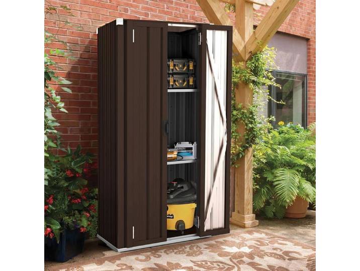 YODOLLA Armoire de jardin - 3 étagères réglables 2 portes verrouillables Rangement Extérieur - Métal - 76x56x178 cm - Brun