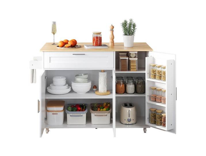 Evryae Buffet klappbare Arbeitsplatte mit Rollen Stauraum Schrank Schublade Eichenoptik 120/44 Küche, Weiß, 3 Fächer, Rechteckig,Rechteckig, 132.5x90x44 cm, Esszimmer, Anrichten, Buffetschränke