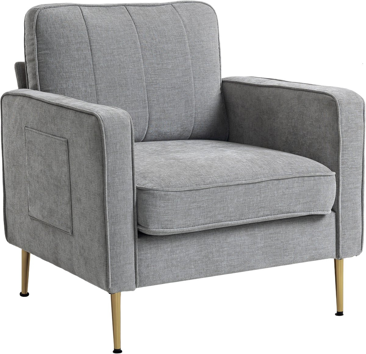 Moderne grijze stoffen fauteuil met goudkleurige stalen poten en zijvakken