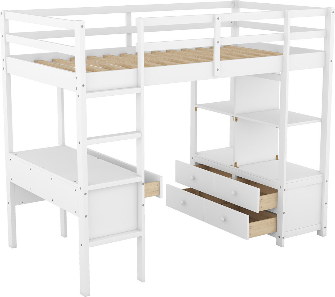 Kinderhochbett (90x200cm,Weiß),Etagebett mit Stauraumschubladen und Unterbettschreibtisch